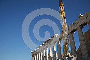 Restoration of Parthenon, Acropolis in Athens, Greece with a Crane