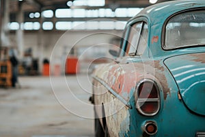 Restoration process of an old retro car in a workshop filled with vintage tools and materials