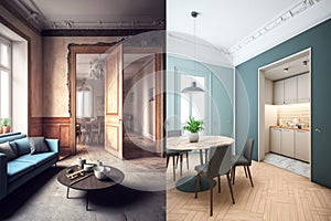 Before and After Restoration or Refurbishment: Exploring Renovation Concepts for an Apartment. Generative AI