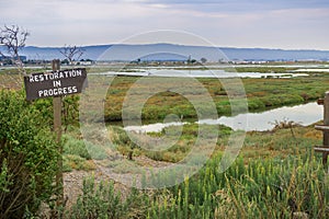 Restoration sign in the wetlands in Alviso Marsh