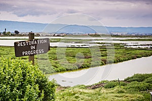 Restoration sign in the wetlands in Alviso Marsh, Don Edwards wildlife refuge, south San Francisco bay, California