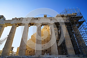 Restoration work in progress at world heritage classical Parthenon showing doric order, flute and metope on top of Acropolis with