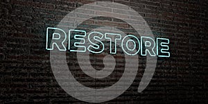 RESTORE -Realistic Neon Sign on Brick Wall background - 3D rendered royalty free stock image