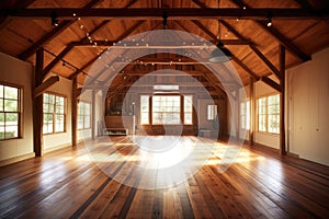 restored barn interior with exposed wooden beams