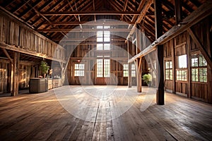 restored barn interior with exposed wooden beams