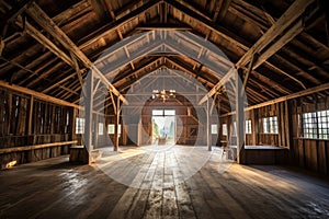 restored barn interior with exposed wooden beams