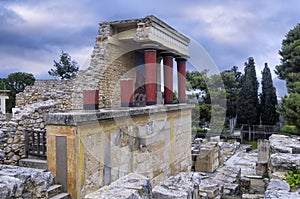 Restored North Entrance with charging bull fresco at the famous archaeological site of Knossos