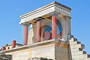 Restored North Entrance with charging bull fresco in Knossos Palace