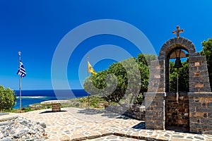 Restored remains of the ancient St Lukes church overlooking the Aegean Sea (Elounda, Crete
