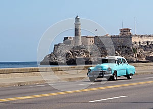 Restored Turquoise Car In Havana Cuba