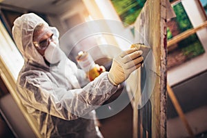 Restorer working on the painting at restoration workshop