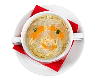 Restourant serving dish for child`s menu - noodles soup with face