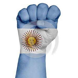 A restrained image of a fist painted in the colors of the flag of Argentina. Image on a white background