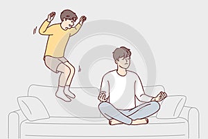 Restrained man sits cross-legged doing yoga ignoring younger brother jumping on sofa. Vector image