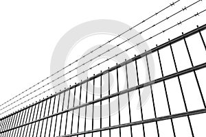 Restricted Area Concept. Metal Fence with Barbed Wire. 3d Rendering