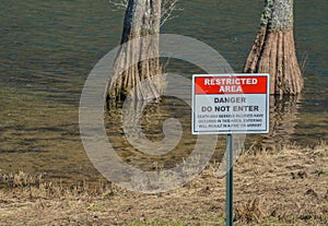 Restricted Area, Danger Do Not Enter Sign. At Broken Bow Lake in Beavers Bend State Park, Broken Bow, Oklahoma