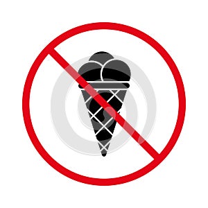 Restricted Eat Food Zone Red Symbol. No Allowed Ice Cream Information Sign. Ban Entry with Ice Cream in Waffle Cone Rule