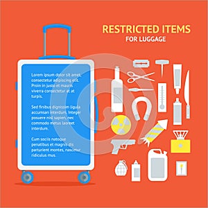 Restricted Items Set and Suitcase Banner Card. Vector