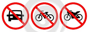 Restricted prohibit car motorcycle bike bicycle motorbike not allowed road sign crossed circle red white