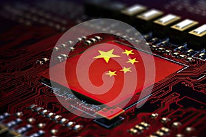 Restricting chipmaking gear exports to China. chipmaking technology in China. US China chip war. Close up of Microchip with China photo