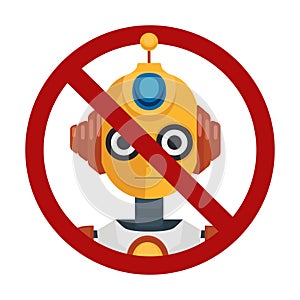 Restrictions on the use of artificial intelligence. Vector cartoon robot in prohibition sign. Cyborgs are banned