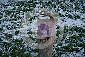 A restrictive roadside post decorated with knitwear against the background of grass under the snow in January. Berlin, Germany