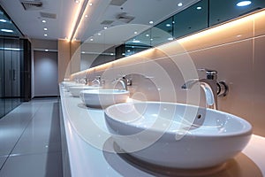 Restroom ambiance modern interior with row of white ceramic sinks