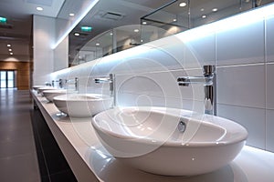 Restroom ambiance modern interior with row of white ceramic sinks