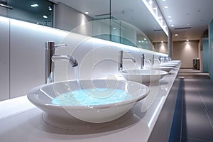 Restroom ambiance modern interior with row of white ceramic sinks