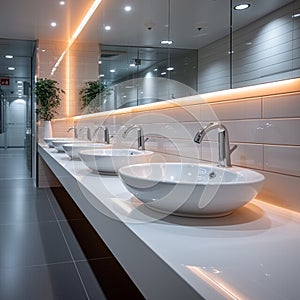 Restroom ambiance modern interior with row of white ceramic sinks