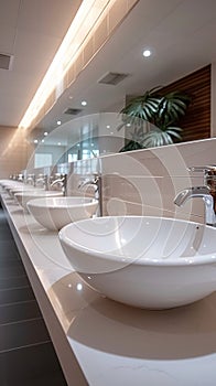 Restroom ambiance modern interior with row of white ceramic sinks