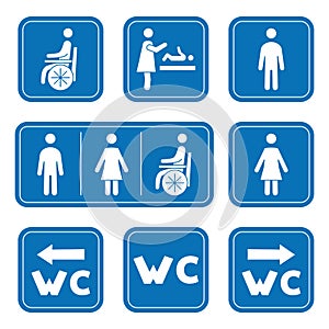 Restroom icons. Man, woman, wheelchair person symbol and baby changing. Male, Female, Handicap toilet sign. Glyph style. WC symbol