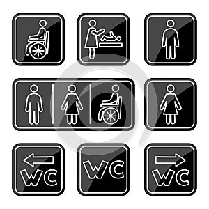 Restroom icons. Man, woman, wheelchair person symbol and baby changing. Male, Female, Handicap toilet sign. WC line icons.