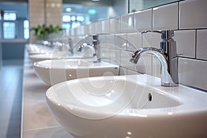 Restroom setting modern interior with a row of white ceramic sinks