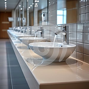 Restroom setting modern interior with a row of white ceramic sinks