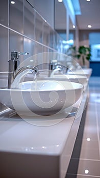 Restroom setting modern interior with a row of white ceramic sinks