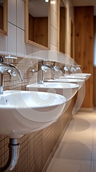 Restroom setting modern interior with a row of white ceramic sinks