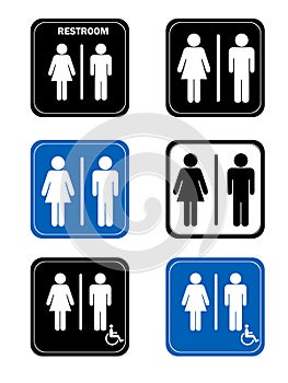 Restroom signs with men and women handicap washro photo