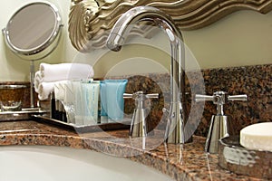 Restroom tap, soap and towel