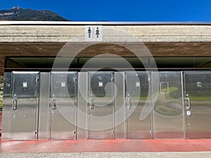 Restrooms at rest area on Swiss highway.