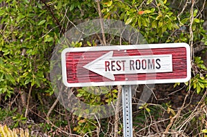 Restrooms sign against green background