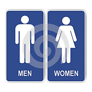 Restrooms sign. Blue toilet sign with lady, man symbols and text vector sign ESP10
