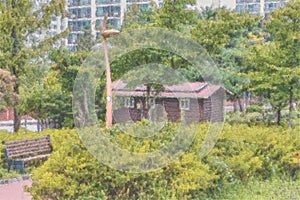 Restrooms and wooden bench in urban park