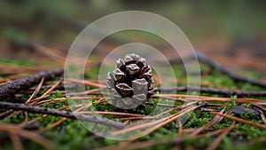 Rests on a forest floor covered in green moss and scattered brown