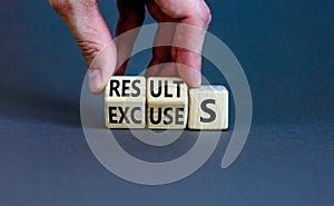 Result or excuse symbol. Concept words Results or excuses on wooden blocks. Businessman hand change words Excuses on Results.