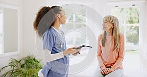 Results, tablet or nurse consulting a mature patient for advice, health checkup or history in retirement. Caregiver