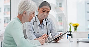 Results, tablet and senior woman with doctor talking about healthcare data, report or communication in elderly care or