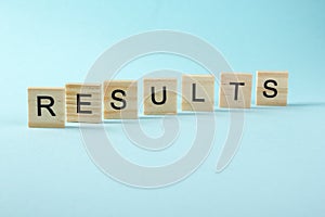 Results word on blue. Succeed business success, be a winner in elections, pop poll or sports test, report, election