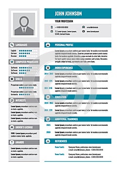 Resume - CV - vector concept layout in A4 format. Business resume - vector template. Modern resume template in gray and blue color