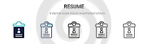 Resume icon in filled, thin line, outline and stroke style. Vector illustration of two colored and black resume vector icons